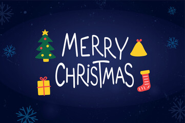 Merry Christmas Greeting with Hand Drawn Typography and Festive Icons on Dark Blue Grungy Background