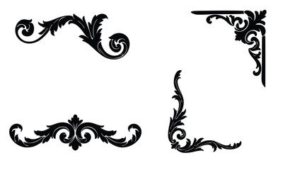 Vector floral design element frame decoration with black ornate vintage flower border and corner silhouette