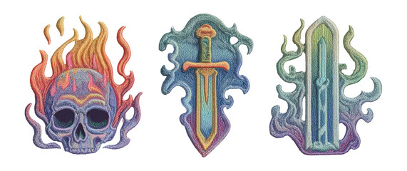 Obraz premium Colorful Fantasy Skull and Sword Illustrations with Isolated Background