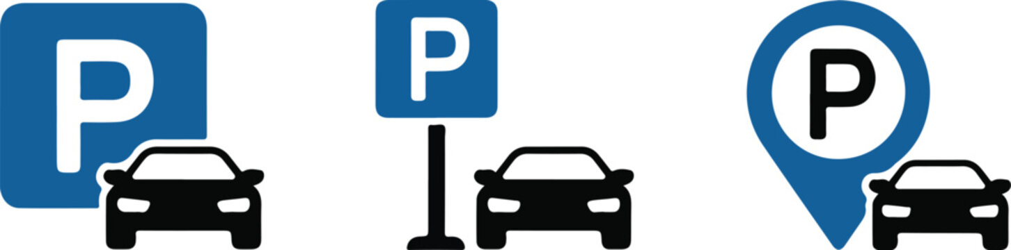 Three Parking Sign Variations Square, Rectangle, and Location Pin Icons, with Cars Below