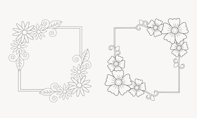 Black Floral Line Art Corner Border Frame set and Minimalist Flower Outline Decorative Invitation card Design Vector