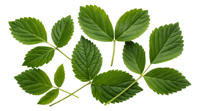 Group of green leaves, a cluster of vibrant green foliage cut out on PNG. AI GENERATED.
