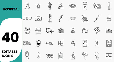 Collection of 40 editable line icons representing medical and hospital related symbols and equipment