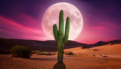 mystical desert atmosphere with a glowing green cactus under the surreal light of a pink moon