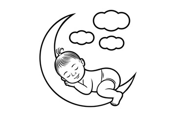 Baby sleeping on a crescent moon with clouds, isolated on white background