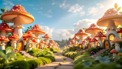 Obraz premium Magical Mushroom Village: Low-angle view of miniature homes with glowing windows, leaf path, under clear blue sky. Whimsical fairy tale scene
