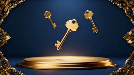 Real estate creative banner with golden floating keys above golden stage on dark navy blue background with golden frame, luxury elite design