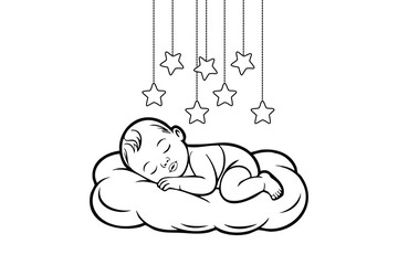 Baby sleeping on a cloud with stars, isolated on white background