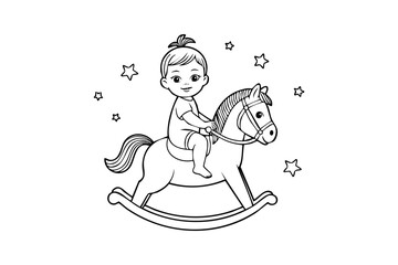 Cute baby riding a rocking horse, isolated on white background