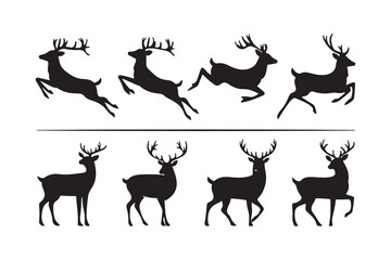 Eight deer silhouettes in dynamic and static poses, perfect for wildlife themes, nature designs, and seasonal illustrations
