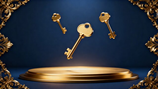 Real estate creative banner with golden floating keys above golden stage on dark navy blue background with golden frame, luxury elite design