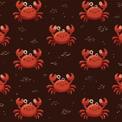 Seamless repeat pattern of happy cartoon red crabs on a dark brown background. Cute marine animal wallpaper or fabric print for beach, summer, and nautical designs