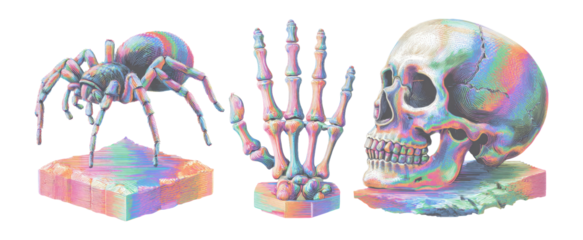 Colorful 3D Render of Spider, Skeleton Hand, and Skull on Transparent Background