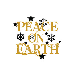 Festive typography christmas t-shirt design featuring peace on earth with stars and snowflakes