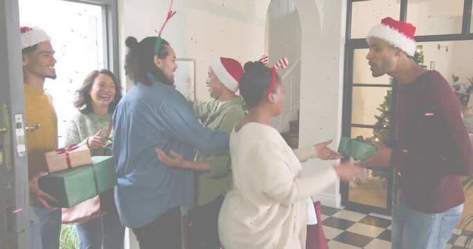 Door opening sending friends entering holiday ads, sharing gifts hugging with flake icons drifting