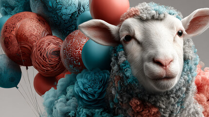 Birthday card design with a very cute sheep and balloons. EPS 10. Transparency. Gradients.