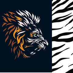 Fierce Lion Head Illustration with Abstract Striped Design