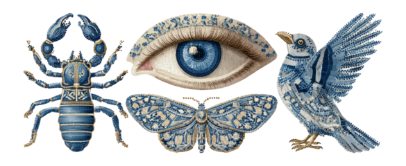 Intricate Blue Illustrations of Nature and Eye with Artistic Detailing
