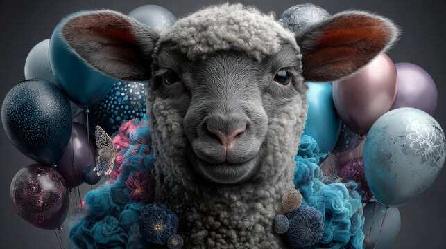 Birthday card design with a very cute sheep and balloons. EPS 10. Transparency. Gradients. - Powered by Adobe
