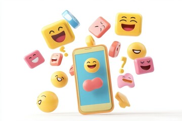 Emoticons burst forth from a phone, symbolizing social connection and joyful communication