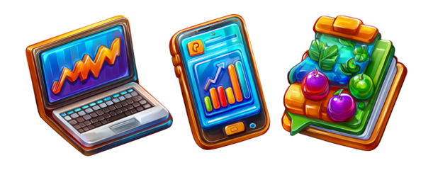 Glossy 3D Cartoon Icons of Technology and Data Representation Elements