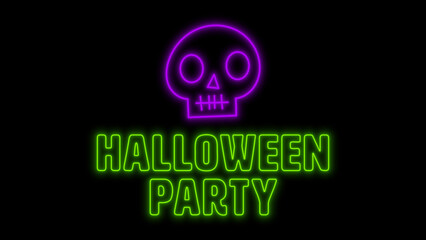 Neon Sign Halloween Party Text and Skull Flickering Light illustration on Black Background
