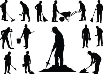 Obraz premium Construction worker silhouettes, black and white labor vector, manual tool poses, sweeping shoveling wheelbarrow artwork, industrial site design elements