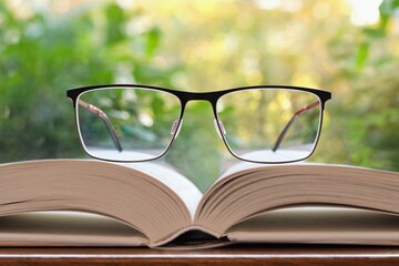 Reading glasses lying on the open book, natural greenery on the background