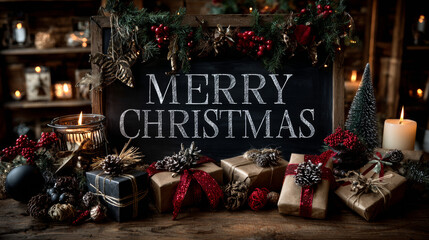 Merry X-mas. Christmas poster with hand lettering and decoration elements on grunge blackboard background.