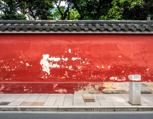 Weathered red wall, contrasting tiled roof, a paved sidewalk, and roadway beneath. Lush green foliage frames the scene