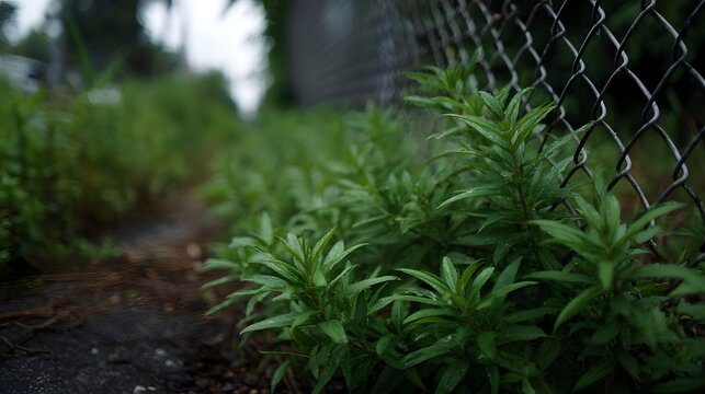 Lush green wild plants grow densely along a weathered chain link fence on a gravelly path