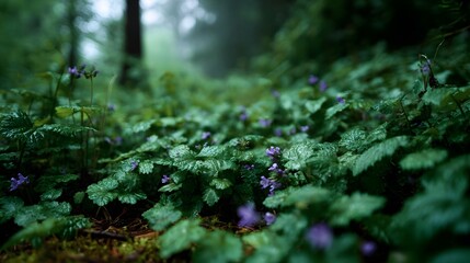 A serene forest floor is densely carpeted with lush green ground ivy and small delicate purple wildflowers shrouded in soft mist and diffused