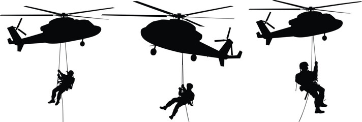 Helicopter rappelling operation, silhouette rescue team, aerial descent training, military coordination, tactical maneuver, airborne mission, rope descent, emergency response, teamwork in action