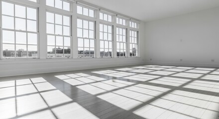 Obraz premium Sunlit empty room with large windows and floor shadows