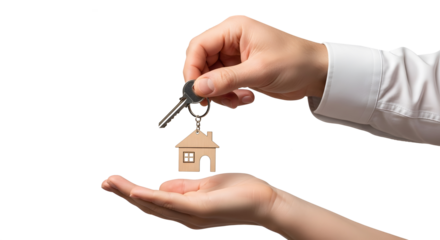 Key Handover Concept with Male and Female Hands on Transparent Background, Real Estate Deal Symbol with House Key Exchange, New Home Ownership Gesture with Wooden House Keychain, Property Transaction 