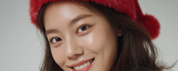 Happy asian woman with beautiful smile wearing festive red hat for Christmas holiday portrait. Cheerful young adult on background