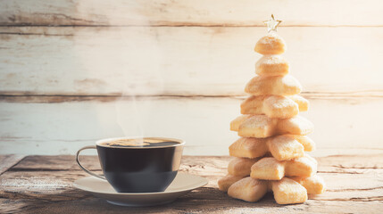 A warm holiday scene with a Christmas tree crafted from golden pastries topped with a star, paired with a steaming cup of black coffee on a rustic wooden table. Evokes cozy winter vibes, festive treat