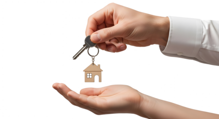 Key Handover Concept with Male and Female Hands on Transparent Background, Real Estate Deal Symbol with House Key Exchange, New Home Ownership Gesture with Wooden House Keychain, Property Transaction 