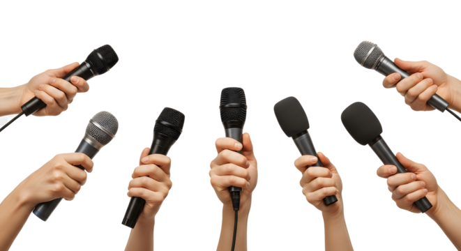 Multiple Hands Holding Microphones on Transparent Background, Press Conference Concept with Reporters’ Hands and Mics, Group of Interview Microphones Held by Different People, Journalism and Media Com