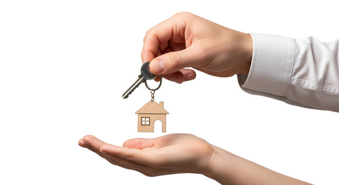 Key Handover Concept with Male and Female Hands on Transparent Background, Real Estate Deal Symbol with House Key Exchange, New Home Ownership Gesture with Wooden House Keychain, Property Transaction 