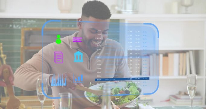 Family members reacting to holographic icons flashing, passing salad and potatoes for holiday feast