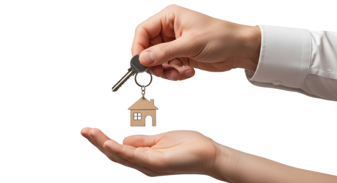Key Handover Concept with Male and Female Hands on Transparent Background, Real Estate Deal Symbol with House Key Exchange, New Home Ownership Gesture with Wooden House Keychain, Property Transaction  - Powered by Adobe