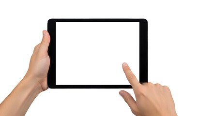 Hands Holding Black Tablet with Blank Screen on Transparent Background, Digital Device Interaction Concept with Touch Gesture, Horizontal Tablet Display Held by Human Hands, Isolated Technology Mockup