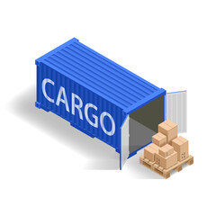 Isometric blue cargo container for shipping with cardboard boxes. Isolated on a white background. Vector mockups.