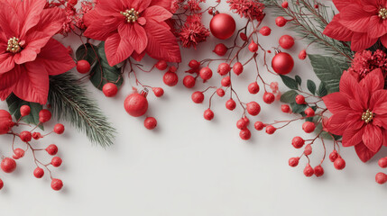 Festive christmas decoration frame with red poinsettia flower and berry on white background creates an elegant holiday winter border concept