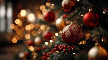 Joyful close up of festive Christmas tree with red and gold ornament decoration. background has warm glowing light and beautiful bokeh