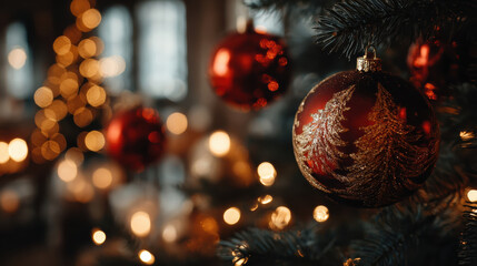 Festive christmas holiday background with red bauble ornament decoration hanging on tree branch with warm, cozy light and beautiful bokeh