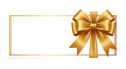 Fototapeta premium White Card with Gold Double Border and Satin Ribbon Bow on Transparent Background, Luxurious Gold Ribbon Bow Decoration on Blank Card, Elegant Horizontal Card with Golden Bow for Greeting or Invitatio