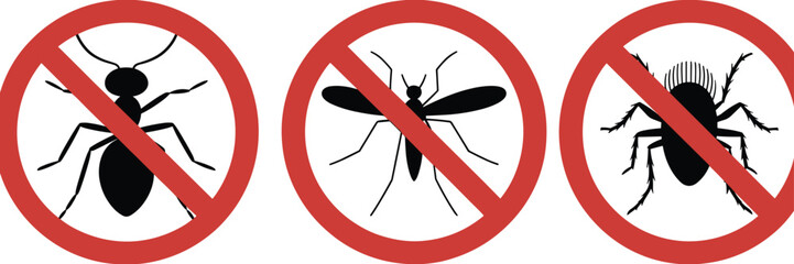 Insect prohibition silhouette illustration, black pest icons in red circle vector, ant mosquito beetle prevention artwork, pest control design elements
