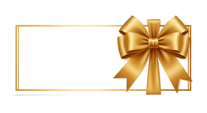 White Card with Gold Double Border and Satin Ribbon Bow on Transparent Background, Luxurious Gold Ribbon Bow Decoration on Blank Card, Elegant Horizontal Card with Golden Bow for Greeting or Invitatio